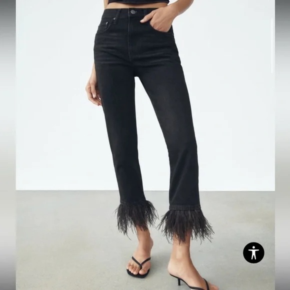 NWT Zara High Rise Feathered Slim Jeans - Black Crop Jeans with Feather Trim